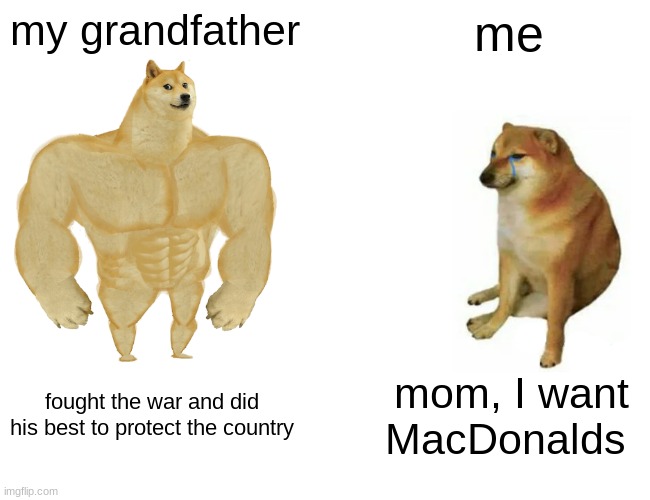 Buff Doge vs. Cheems Meme | my grandfather; me; fought the war and did his best to protect the country; mom, I want MacDonalds | image tagged in memes,buff doge vs cheems | made w/ Imgflip meme maker