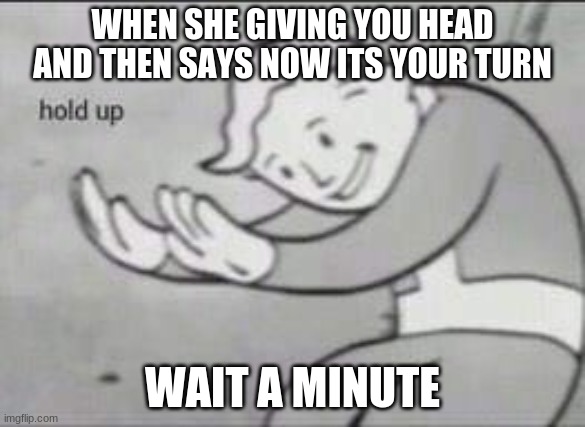 ummmm | WHEN SHE GIVING YOU HEAD AND THEN SAYS NOW ITS YOUR TURN; WAIT A MINUTE | image tagged in fallout hold up | made w/ Imgflip meme maker