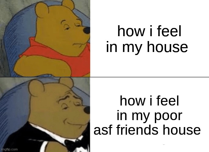 Tuxedo Winnie The Pooh | how i feel in my house; how i feel in my poor asf friends house | image tagged in memes,tuxedo winnie the pooh | made w/ Imgflip meme maker