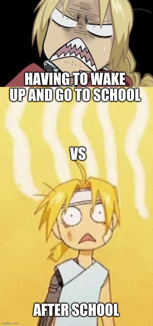 School life | HAVING TO WAKE UP AND GO TO SCHOOL; VS; AFTER SCHOOL | image tagged in school,life | made w/ Imgflip meme maker
