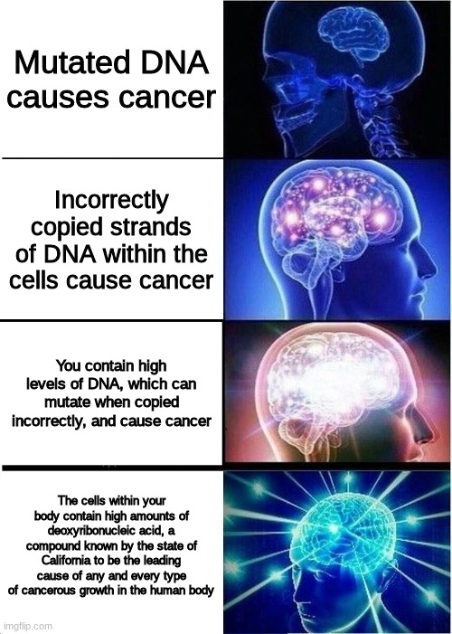 Expanding Brain | Mutated DNA causes cancer; Incorrectly copied strands of DNA within the cells cause cancer; You contain high levels of DNA, which can mutate when copied incorrectly, and cause cancer; The cells within your body contain high amounts of deoxyribonucleic acid, a compound known by the state of California to be the leading cause of any and every type of cancerous growth in the human body | image tagged in memes,expanding brain | made w/ Imgflip meme maker