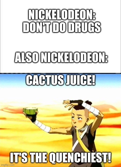 Lol sokka | NICKELODEON: DON'T DO DRUGS; ALSO NICKELODEON:; CACTUS JUICE! IT'S THE QUENCHIEST! | image tagged in white background,sokka cactus juice | made w/ Imgflip meme maker