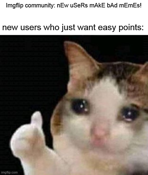 Why do you hate new users? | Imgflip community: nEw uSeRs mAkE bAd mEmEs! new users who just want easy points: | image tagged in sad thumbs up cat | made w/ Imgflip meme maker