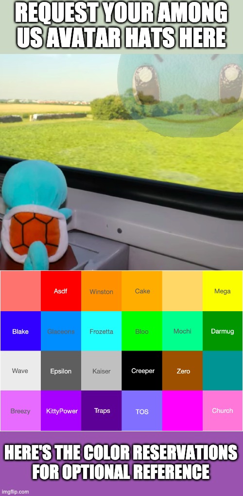You can have anything as a hat. Go nuts. Be a bit specific please :) | REQUEST YOUR AMONG US AVATAR HATS HERE; HERE'S THE COLOR RESERVATIONS FOR OPTIONAL REFERENCE | image tagged in deep thoughts squirtle,all spots are taken | made w/ Imgflip meme maker