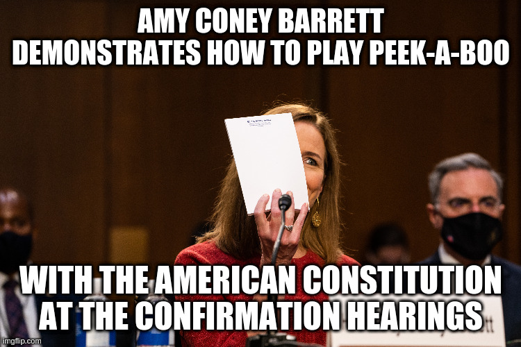 Well, you've convinced me! | AMY CONEY BARRETT DEMONSTRATES HOW TO PLAY PEEK-A-BOO; WITH THE AMERICAN CONSTITUTION AT THE CONFIRMATION HEARINGS | image tagged in humor,amy coney barrett,supreme court,constituion,confirmation hearings | made w/ Imgflip meme maker