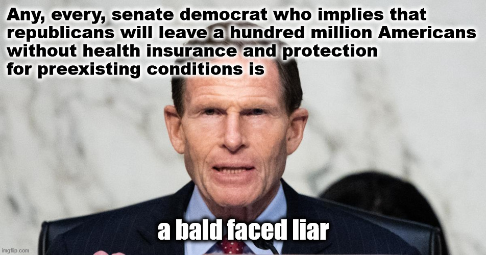 preexisting conditions | Any, every, senate democrat who implies that
republicans will leave a hundred million Americans
without health insurance and protection
for preexisting conditions is; a bald faced liar | image tagged in politics | made w/ Imgflip meme maker