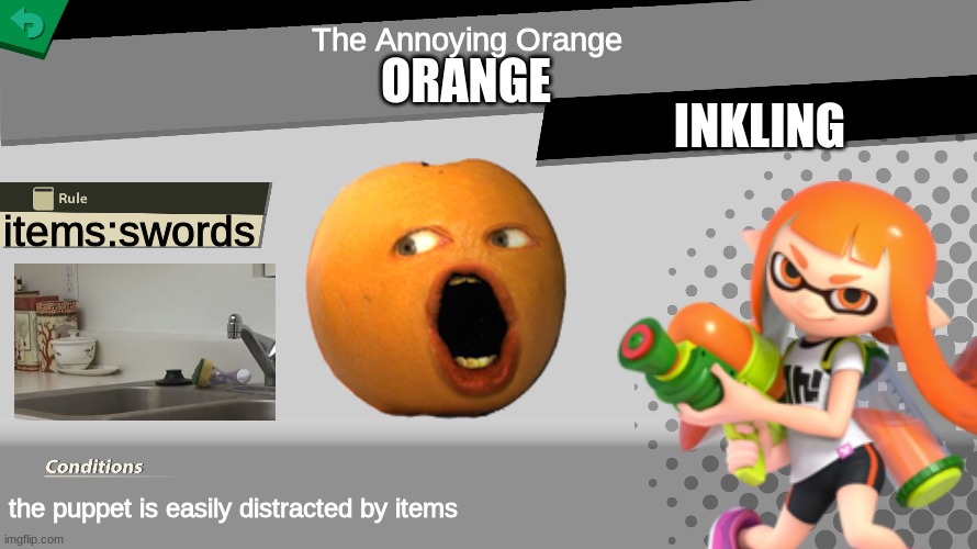 hey apple, im a spirit. HAHAAHAHAHAHAH! | The Annoying Orange; ORANGE; INKLING; items:swords; the puppet is easily distracted by items | image tagged in smash bros spirit fight,annoying orange,smash bros,memes | made w/ Imgflip meme maker