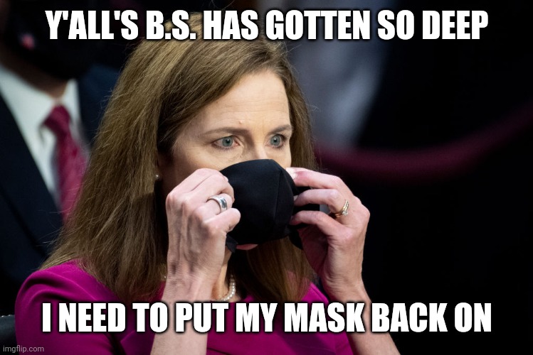 no open flames | Y'ALL'S B.S. HAS GOTTEN SO DEEP; I NEED TO PUT MY MASK BACK ON | image tagged in amy coney barrett mask | made w/ Imgflip meme maker