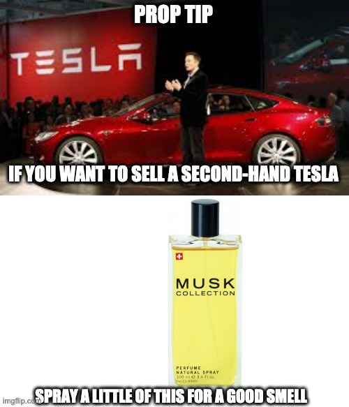 Smell of Elon | PROP TIP; IF YOU WANT TO SELL A SECOND-HAND TESLA; SPRAY A LITTLE OF THIS FOR A GOOD SMELL | image tagged in tesla auto | made w/ Imgflip meme maker