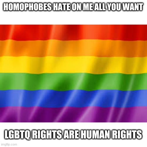 HOMOPHOBES HATE ON ME ALL YOU WANT; LGBTQ RIGHTS ARE HUMAN RIGHTS | image tagged in rainbow,lgbtq | made w/ Imgflip meme maker