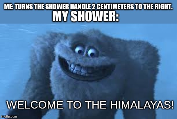 Himalayas | ME: TURNS THE SHOWER HANDLE 2 CENTIMETERS TO THE RIGHT. MY SHOWER:; WELCOME TO THE HIMALAYAS! | image tagged in himalayas,shower,monsters inc | made w/ Imgflip meme maker