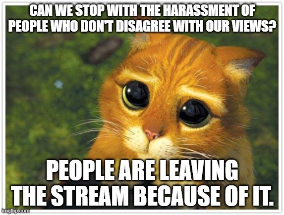 True Facts.  If It Doesn't Stop, I Have a Feeling That Everyone Will Leave Eventually. | CAN WE STOP WITH THE HARASSMENT OF PEOPLE WHO DON'T DISAGREE WITH OUR VIEWS? PEOPLE ARE LEAVING THE STREAM BECAUSE OF IT. | image tagged in memes,shrek cat,please,issues,lgbtq,harassment | made w/ Imgflip meme maker