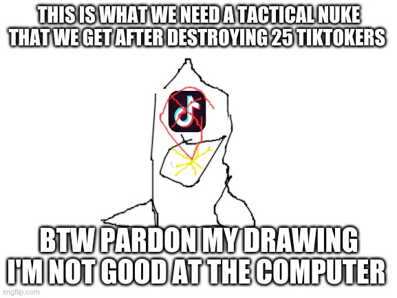Blank White Template | THIS IS WHAT WE NEED A TACTICAL NUKE THAT WE GET AFTER DESTROYING 25 TIKTOKERS; BTW PARDON MY DRAWING I'M NOT GOOD AT THE COMPUTER | image tagged in blank white template | made w/ Imgflip meme maker