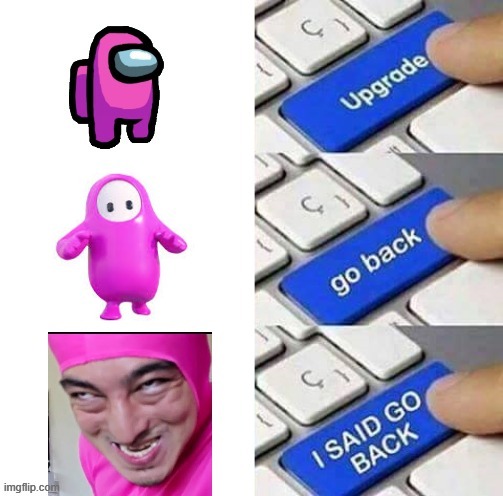 upgrade go back | image tagged in funny,memes,fall guys,upgrade go back,among us,pink guy | made w/ Imgflip meme maker