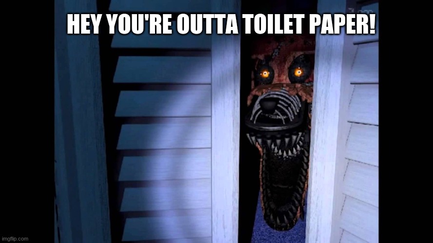 Foxy FNaF 4 | HEY YOU'RE OUTTA TOILET PAPER! | image tagged in foxy fnaf 4 | made w/ Imgflip meme maker