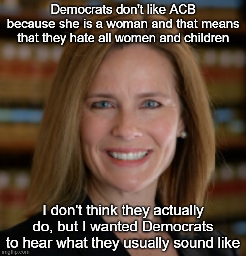 Amy Coney Barrett | Democrats don't like ACB because she is a woman and that means that they hate all women and children; I don't think they actually do, but I wanted Democrats to hear what they usually sound like | image tagged in acb | made w/ Imgflip meme maker