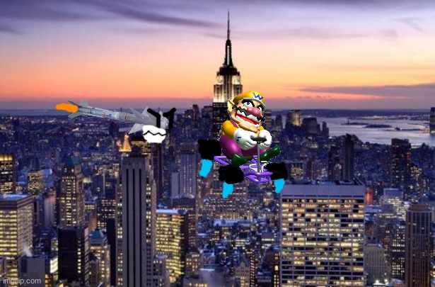Wario dies by a heat seeking missile while flying to new york | image tagged in new york city,wario,memes | made w/ Imgflip meme maker