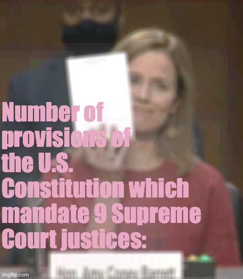 Hmmm can’t seem to find any | Number of provisions of the U.S. Constitution which mandate 9 Supreme Court justices: | image tagged in amy coney barrett,constitution | made w/ Imgflip meme maker