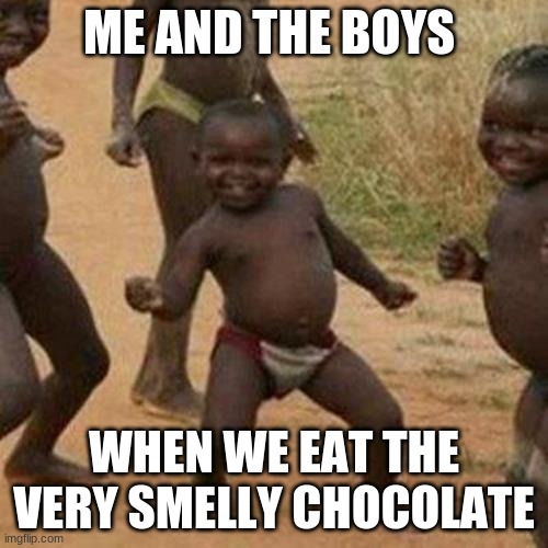 Third World Success Kid | ME AND THE BOYS; WHEN WE EAT THE VERY SMELLY CHOCOLATE | image tagged in memes,third world success kid | made w/ Imgflip meme maker
