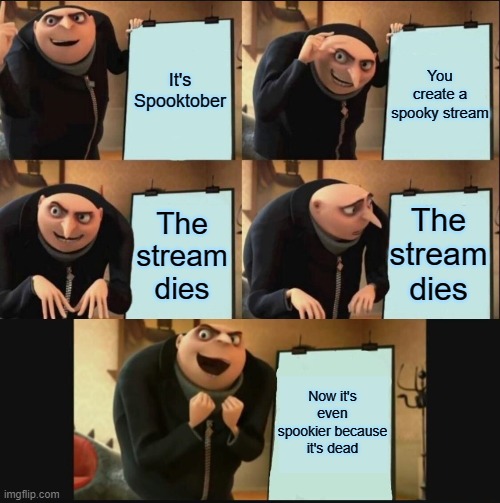Gru's Plan 5 Panel Editon | It's Spooktober; You create a spooky stream; The stream dies; The stream dies; Now it's even spookier because it's dead | image tagged in gru's plan 5 panel editon,spooky,spooktober | made w/ Imgflip meme maker