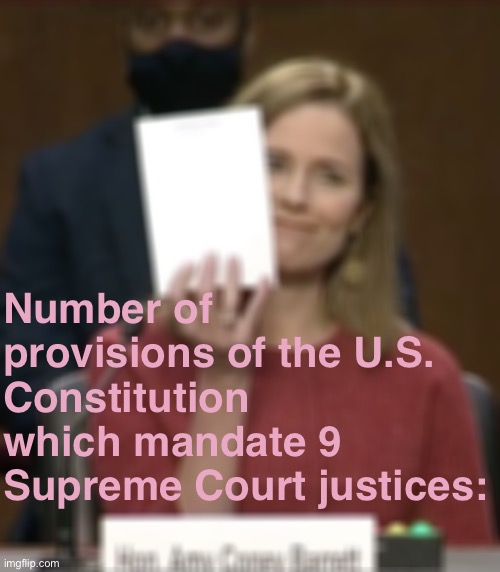 [Originalism reaccs only] | Number of provisions of the U.S. Constitution which mandate 9 Supreme Court justices: | image tagged in amy coney barrett,constitution,supreme court,scotus | made w/ Imgflip meme maker