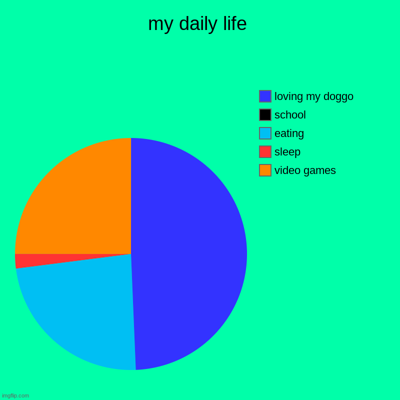 the owner of this streams daily life ( lets get this stream to 50 followers for the Q & A ) | my daily life | video games, sleep, eating, school, loving my doggo | image tagged in charts,pie charts | made w/ Imgflip chart maker