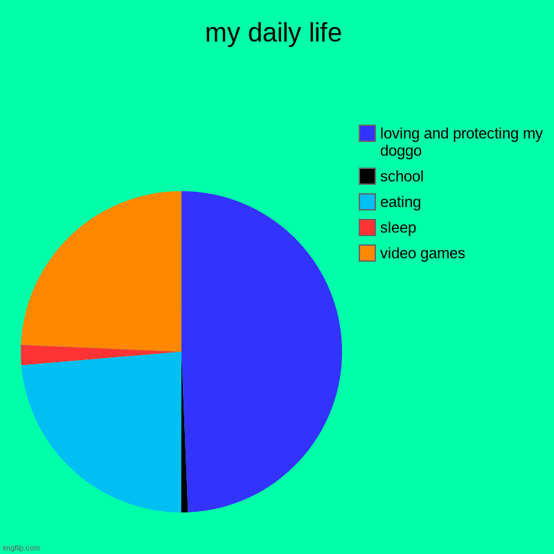 my daily life | video games, sleep, eating, school, loving and protecting my doggo | image tagged in charts,pie charts | made w/ Imgflip chart maker