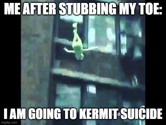 Kermit Suicide | ME AFTER STUBBING MY TOE: I AM GOING TO KERMIT SUICIDE | image tagged in kermit suicide | made w/ Imgflip meme maker