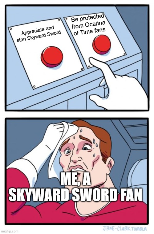 This is why you should be brave | Be protected from Ocarina of Time fans; Appreciate and stan Skyward Sword; ME, A SKYWARD SWORD FAN | image tagged in memes,two buttons | made w/ Imgflip meme maker