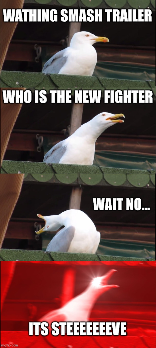 Inhaling Seagull | WATHING SMASH TRAILER; WHO IS THE NEW FIGHTER; WAIT NO... ITS STEEEEEEEVE | image tagged in memes,inhaling seagull | made w/ Imgflip meme maker
