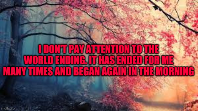 This is one of my favorite quotes |  I DON'T PAY ATTENTION TO THE WORLD ENDING. IT HAS ENDED FOR ME MANY TIMES AND BEGAN AGAIN IN THE MORNING | image tagged in inspirational quote,quotes | made w/ Imgflip meme maker