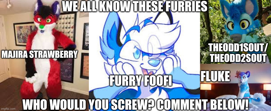 Choose your yiffable character | WE ALL KNOW THESE FURRIES; THEODD1SOUT/
THEODD2SOUT; MAJIRA STRAWBERRY; FURRY FOOFI; FLUKE; WHO WOULD YOU SCREW? COMMENT BELOW! | image tagged in furry | made w/ Imgflip meme maker