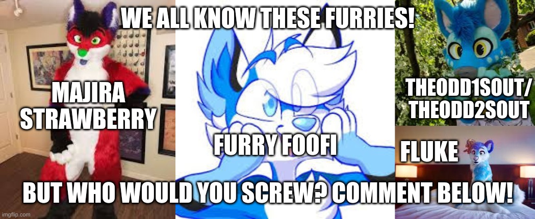 Choose Your Yiffable Character | WE ALL KNOW THESE FURRIES! THEODD1SOUT/
THEODD2SOUT; MAJIRA STRAWBERRY; FURRY FOOFI; FLUKE; BUT WHO WOULD YOU SCREW? COMMENT BELOW! | image tagged in furry | made w/ Imgflip meme maker