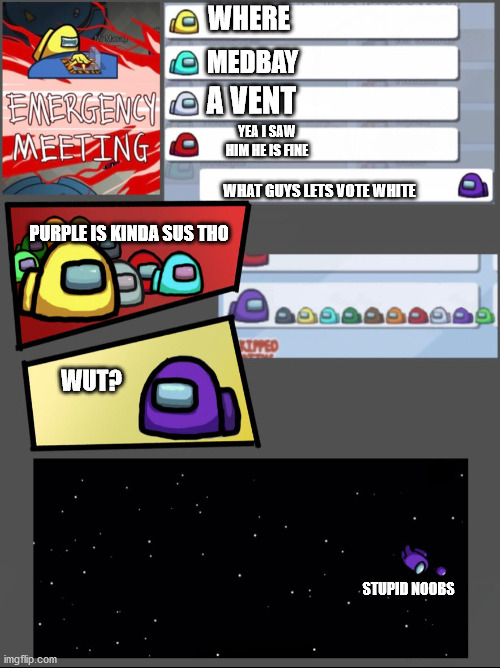 among us chat | WHERE; MEDBAY; A VENT; YEA I SAW HIM HE IS FINE; WHAT GUYS LETS VOTE WHITE; PURPLE IS KINDA SUS THO; WUT? STUPID NOOBS | image tagged in among us chat | made w/ Imgflip meme maker