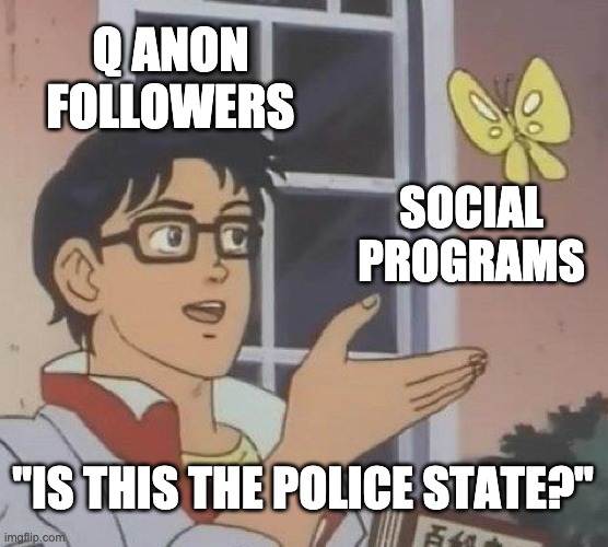 Is This A Pigeon | Q ANON FOLLOWERS; SOCIAL PROGRAMS; "IS THIS THE POLICE STATE?" | image tagged in memes,is this a pigeon | made w/ Imgflip meme maker