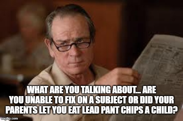 no country for old men tommy lee jones | WHAT ARE YOU TALKING ABOUT... ARE YOU UNABLE TO FIX ON A SUBJECT OR DID YOUR PARENTS LET YOU EAT LEAD PANT CHIPS A CHILD? | image tagged in no country for old men tommy lee jones | made w/ Imgflip meme maker