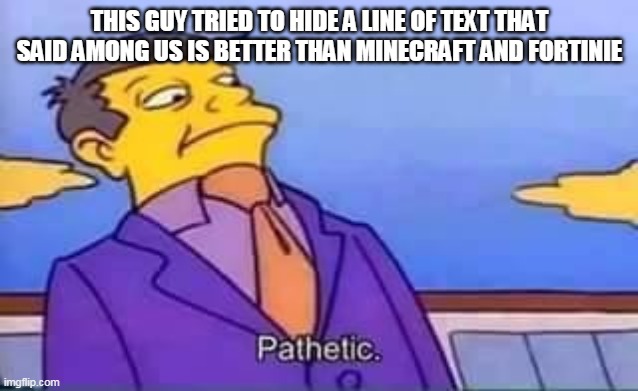 skinner pathetic | THIS GUY TRIED TO HIDE A LINE OF TEXT THAT SAID AMONG US IS BETTER THAN MINECRAFT AND FORTINIE | image tagged in skinner pathetic | made w/ Imgflip meme maker