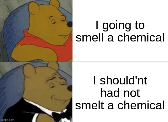 Science | I going to smell a chemical; I should'nt had not smelt a chemical | image tagged in memes,tuxedo winnie the pooh | made w/ Imgflip meme maker