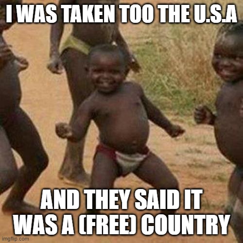 Third World Success Kid | I WAS TAKEN TOO THE U.S.A; AND THEY SAID IT WAS A (FREE) COUNTRY | image tagged in memes,third world success kid | made w/ Imgflip meme maker