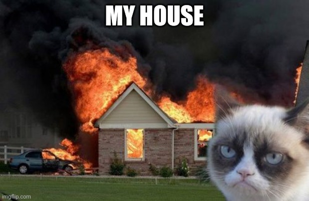Burn Kitty Meme | MY HOUSE | image tagged in memes,burn kitty,grumpy cat | made w/ Imgflip meme maker
