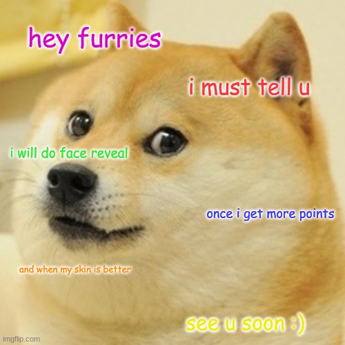 MESSAGE FROM THEROYALCHEEZ | hey furries; i must tell u; i will do face reveal; once i get more points; and when my skin is better; see u soon :) | image tagged in memes,doge | made w/ Imgflip meme maker