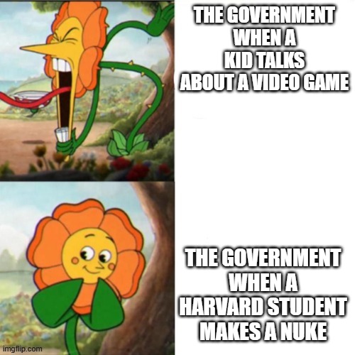Sunflower | THE GOVERNMENT WHEN A KID TALKS ABOUT A VIDEO GAME; THE GOVERNMENT WHEN A HARVARD STUDENT MAKES A NUKE | image tagged in sunflower | made w/ Imgflip meme maker
