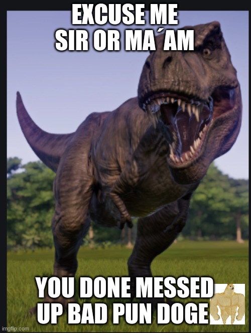 Excuse me trex | EXCUSE ME SIR OR MA´AM YOU DONE MESSED UP BAD PUN DOGE | image tagged in excuse me trex | made w/ Imgflip meme maker