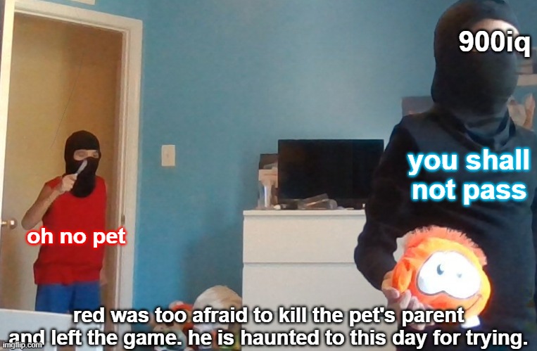 900iq; you shall not pass; oh no pet; red was too afraid to kill the pet's parent and left the game. he is haunted to this day for trying. | image tagged in memes,among us | made w/ Imgflip meme maker