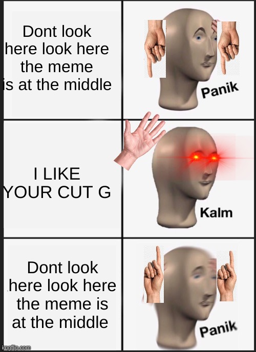 Panik Kalm Panik Meme | Dont look here look here the meme is at the middle; I LIKE YOUR CUT G; Dont look here look here the meme is at the middle | image tagged in memes,panik kalm panik | made w/ Imgflip meme maker