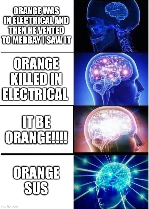 Expanding Brain Meme | ORANGE WAS IN ELECTRICAL AND THEN HE VENTED TO MEDBAY I SAW IT; ORANGE KILLED IN ELECTRICAL; IT BE ORANGE!!!! ORANGE SUS | image tagged in memes,expanding brain | made w/ Imgflip meme maker