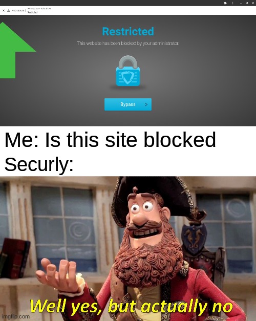 Me: Is this site blocked; Securly: | image tagged in memes,well yes but actually no | made w/ Imgflip meme maker