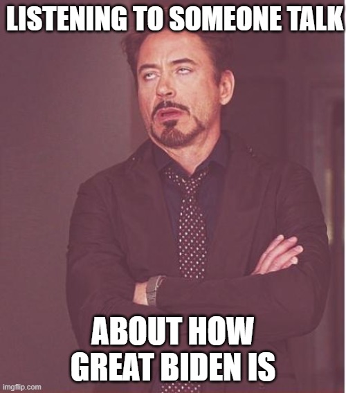 Face You Make Robert Downey Jr | LISTENING TO SOMEONE TALK; ABOUT HOW GREAT BIDEN IS | image tagged in memes,face you make robert downey jr | made w/ Imgflip meme maker