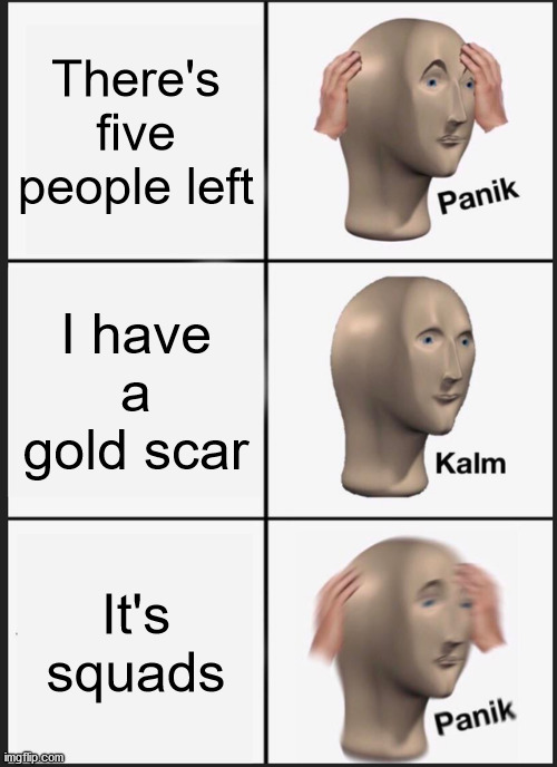 Panik Kalm Panik | There's five people left; I have a gold scar; It's squads | image tagged in memes,panik kalm panik | made w/ Imgflip meme maker
