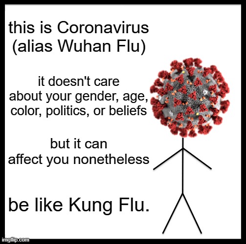 Be Like Bill Meme | this is Coronavirus (alias Wuhan Flu); it doesn't care about your gender, age, color, politics, or beliefs; but it can affect you nonetheless; be like Kung Flu. | image tagged in memes,be like bill | made w/ Imgflip meme maker